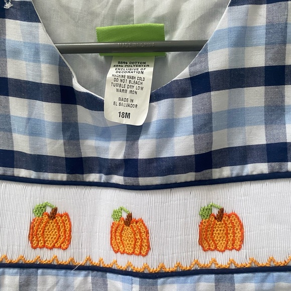 Precious checked shortall outfit with smocked pumpkins - Picture 3 of 3